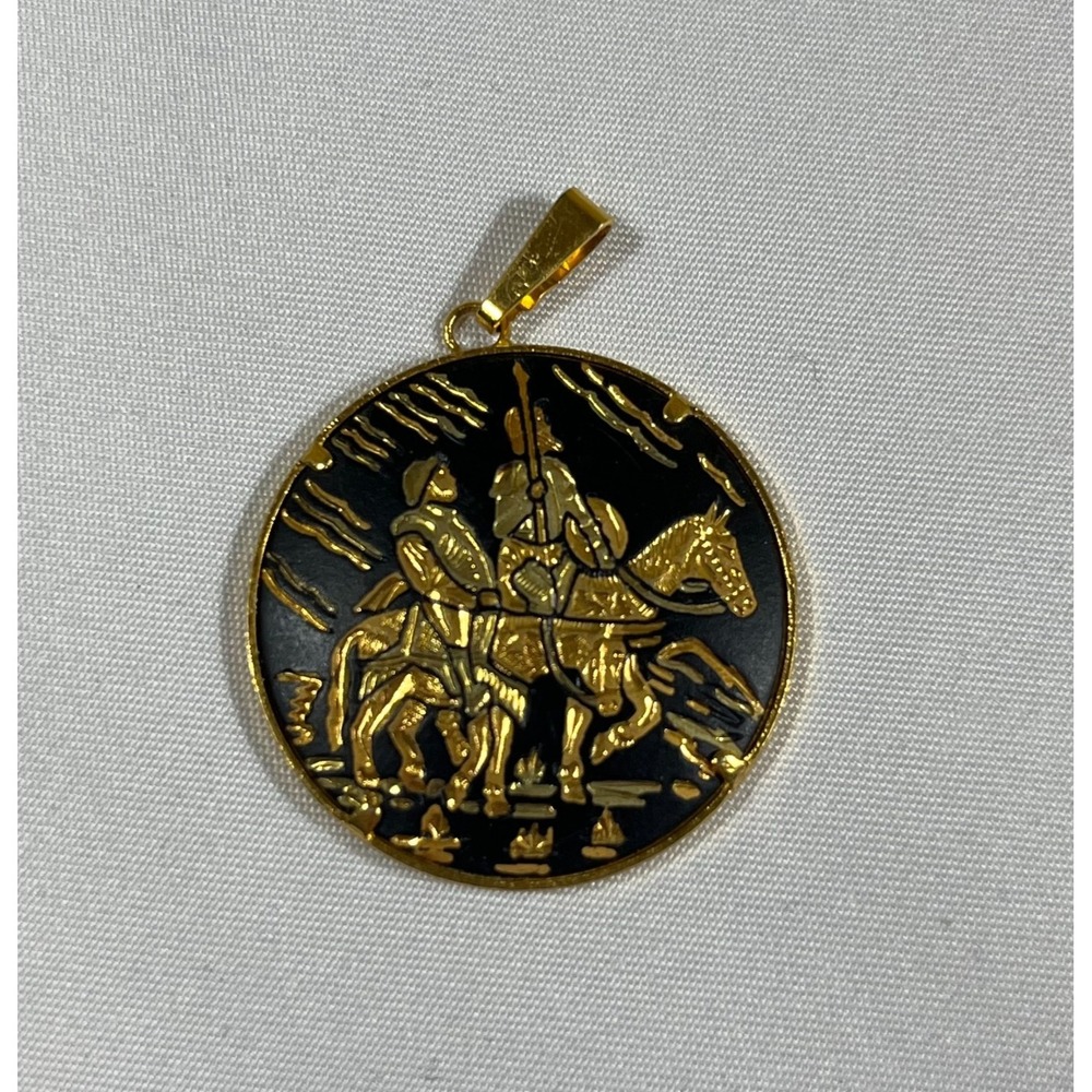 Vintage Don Quixote Pendant Gold Tone Black Enamel Medallion Sancho Panza